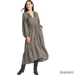 Sz 1x Brown Leopard Print Balloon Long Sleeve Tiered Midi Dress New