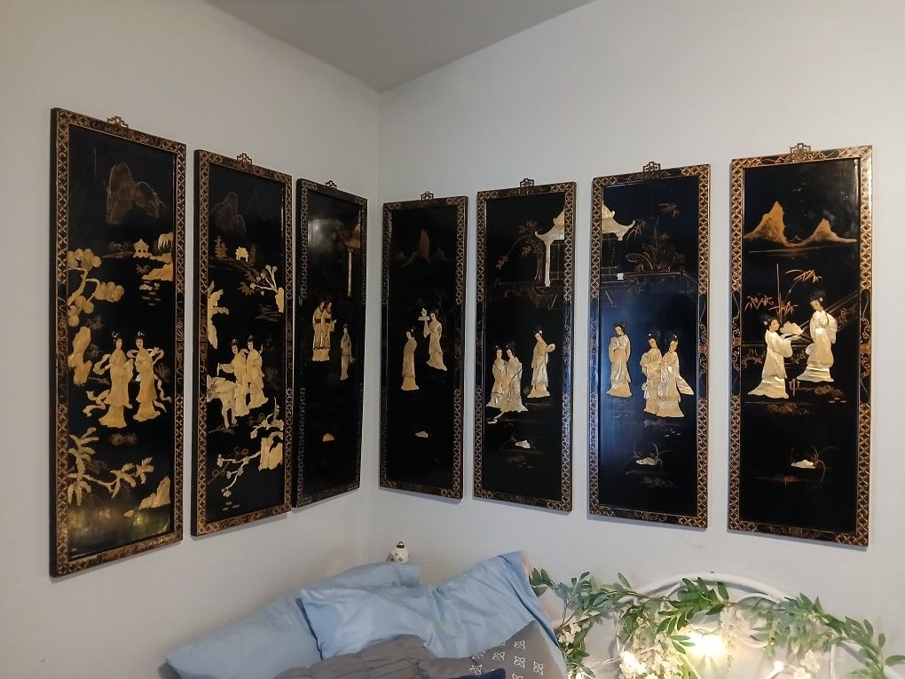 Beautiful Mid Century Chinese Black Lacquer Wall Panels Set of 4 Geisha Mountain (Mother Of Pearl)