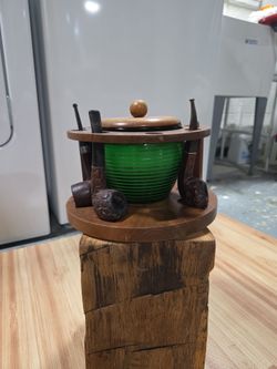 Vintage Wood Pipe Stand with Green Glass Humidor