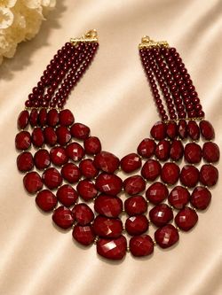 Red Multi-Strand Statement Bib Necklace