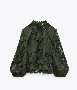 Zara texture top blouse long sleeve t tee shirt green women's size XS extra Small