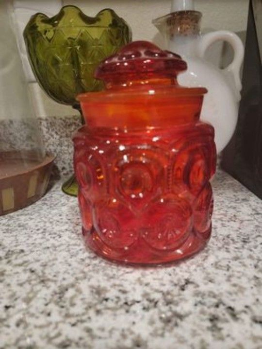 Red L.E. Smith Candy Jar Canister Moon And Stars Red 7"