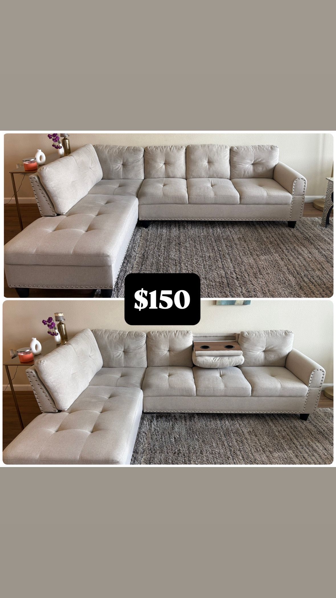 Beige sofa in good condition – minor signs of use, could use a light cleaning