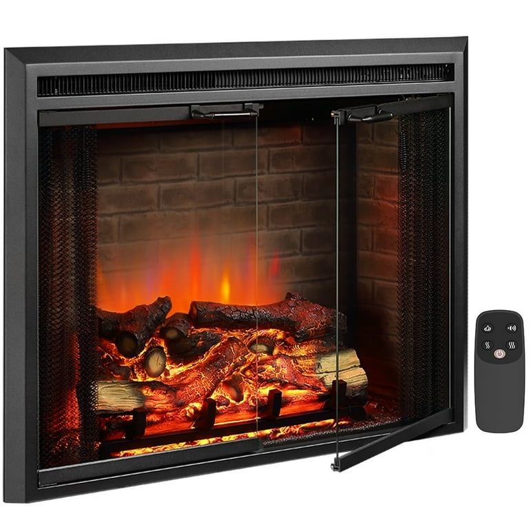 33" Electric Fireplace Insert EF45B, Fire Crackling Sound, Glass Door, Mesh Screen, 750/1500W, Black, 57.1 lbs
