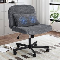 O838 Criss Cross Chair with Wheels, Corduroy Massage Cross Legged Office Chair with 2 Layers Sponge Cushion, Armless Vanity Wide Seat, Adjustable