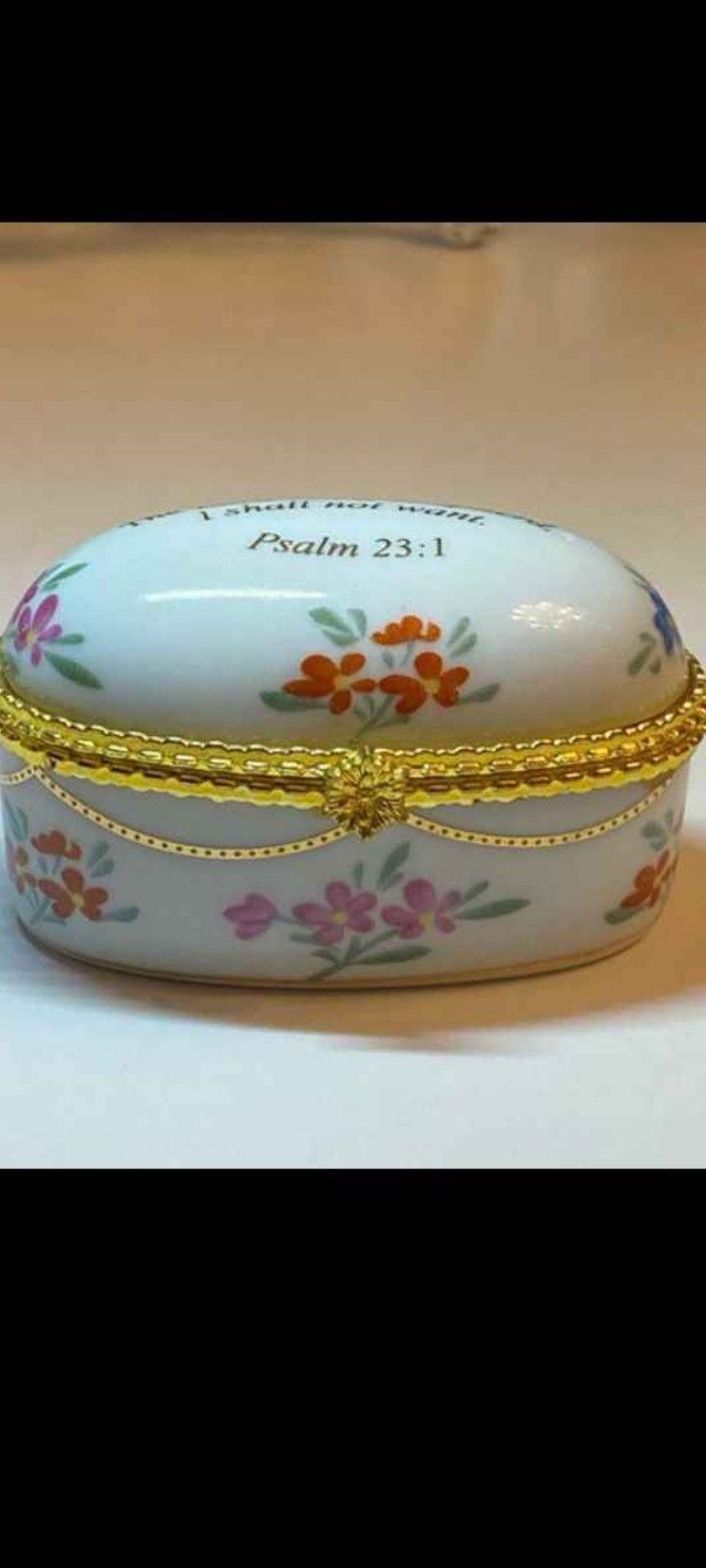 Imperial Porcelain Trinket Box Bible Verse Psalm 23:1 Floral Design Ornate Gold Trim and Lettering