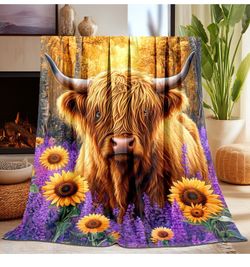 Manta de vaca Highland, manta de franela de felpa
suave, cálida y acogedora con temática de vacas del
bosque y las vacas Highlander, regalo para mujer