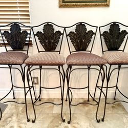 Set of 4 Wrought Iron Bar Stools in excellent condition and just upholstered