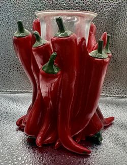 VTG Red Hot Chili Pepper Ceramic Hurricane Candle Holder Votive Insert 5.5"