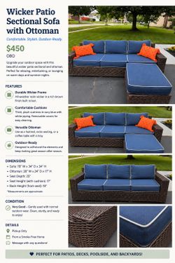Wicker Patio Couch with Ottoman – Navy Cushions – Excellent Condition