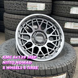 KMC KM7 17 INCH WHEEL AND TIRE PACKAGE WITH NITTO NOMAD 285/70/17 5 NEW WHEELS AND TIRES 4 RINES Y LLANTAS NUEVAS 