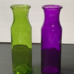 Glass Vase Purple and Green Farmhouse Flower Vase Decorative Medium 7 3/4" x 2" 