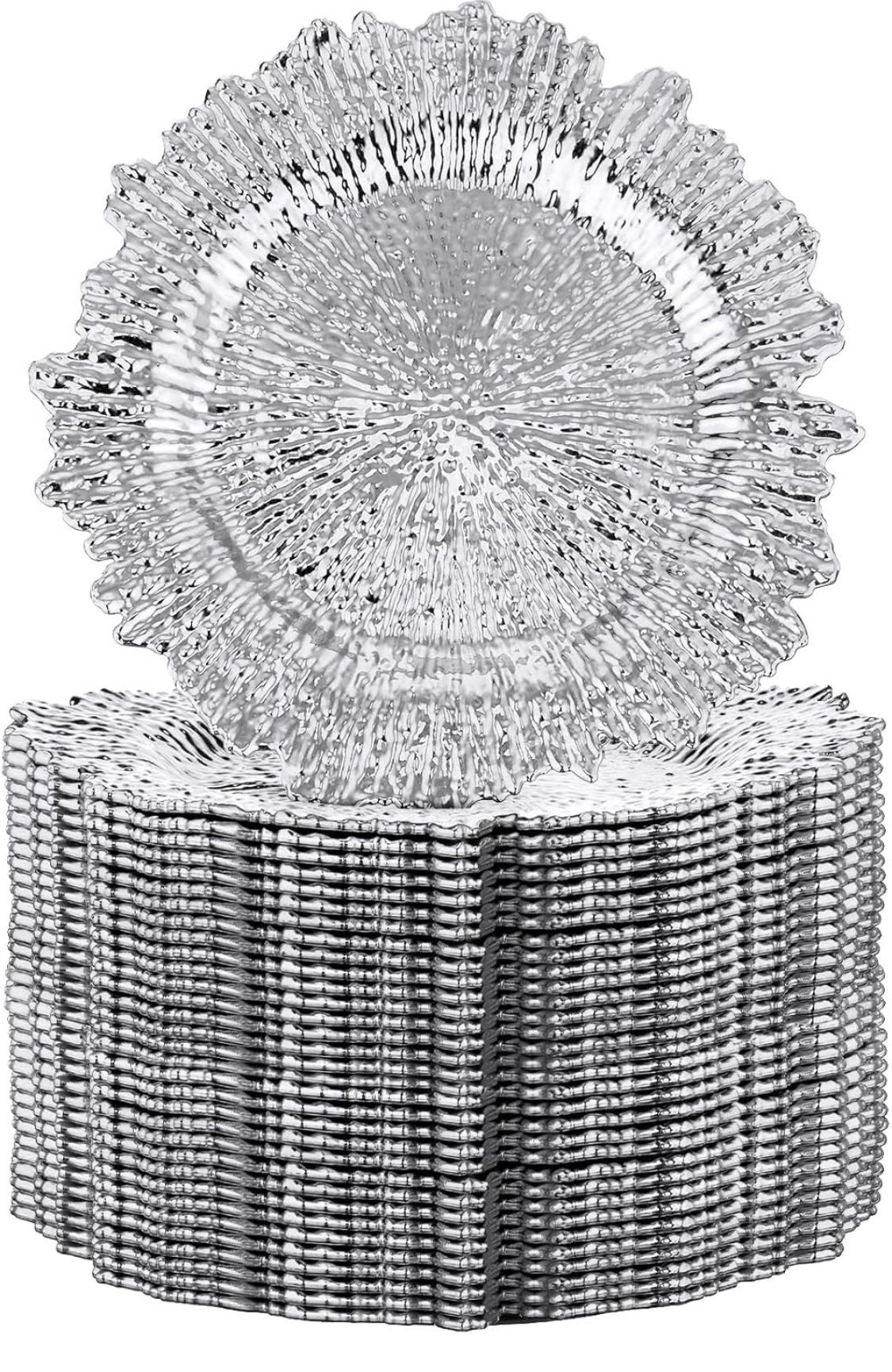 32 Pack Charger Plates Set Reef Chargers for Dinner Table Serving Tray Floral Plastic Decorative Plates for Table Setting Wedding Party, 13 Inch(Silve