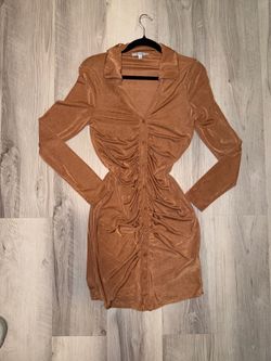Shimmery Brown Tan Nude Ruched Long Sleeve Mini Dress NEW WITH TAGS 🏷️