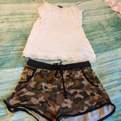 White Tank Top With Camo Shorts Outfit 
