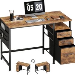 Maihail Small Desk with Drawers, 40 inch Computer Desk with Shelves, Writing Desk with Storage, Small Office Desk with Metal Frame, Rustic Brown2