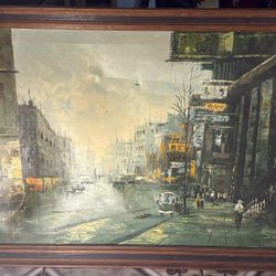 "Oil painting of an urban scene" or "Rainy city street", "40x28"