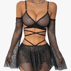 Rave Fit Black Mesh Fairy Style Two Piece 