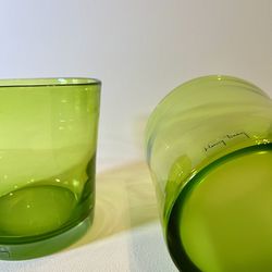 2 x Henry Dean (Medium) Green Smoke Cylinder Vases/ Handmade Glass Vases 