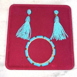 Turquoise Bead Strings Earrings & Teal Gold Ribbed Bracelet Set