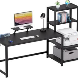 NEW Large Computer Desk 67" Monitor Stand, Shelves, 2 Hooks Gaming Home Office Writing Table Black
