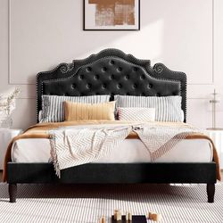 Full Size Bed Frame with Adjustable Velvet Tiara Headboard, Upholstered Diamond 