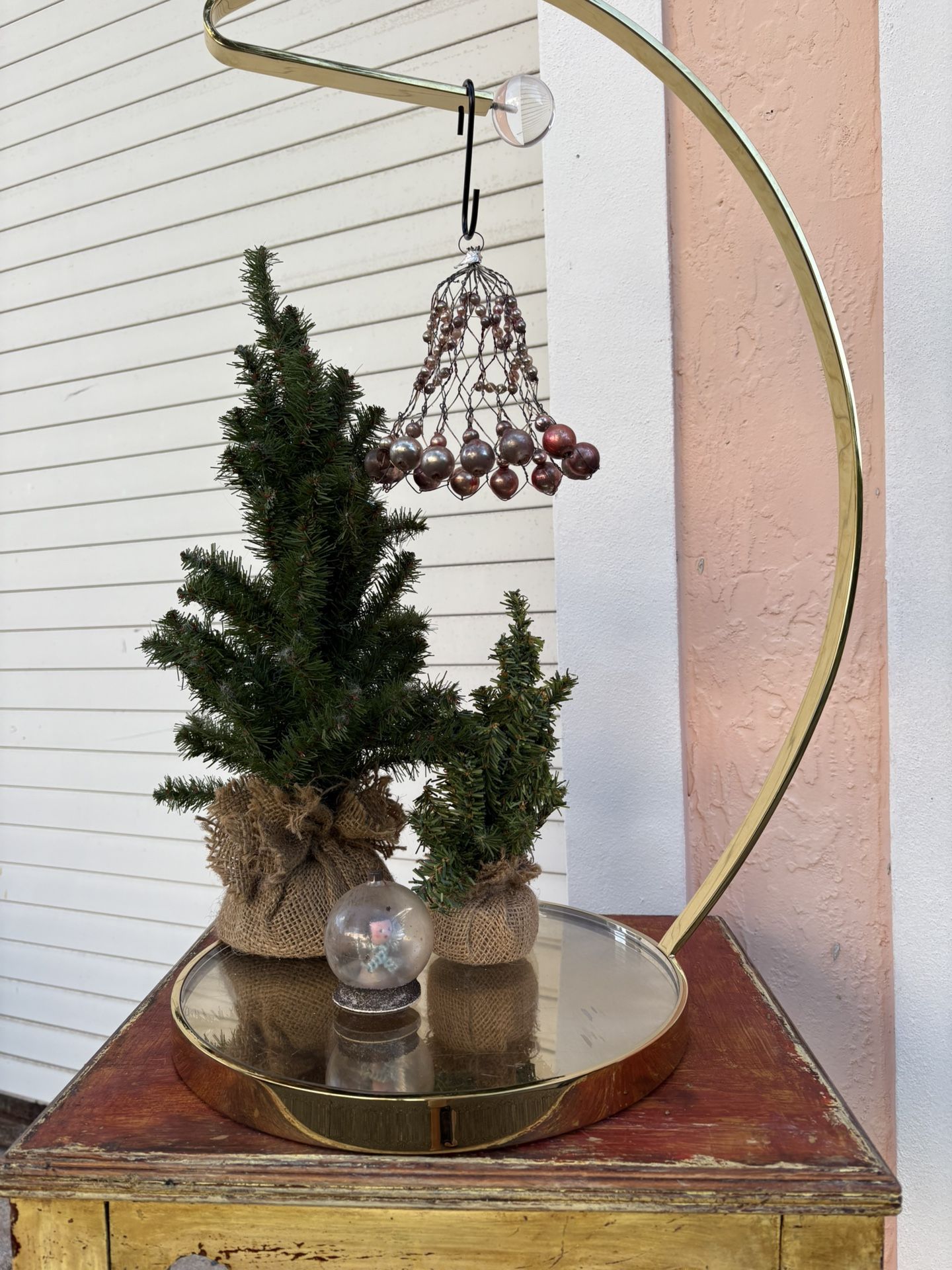 Gold Chrome Metal Display Hanger Heavy Weight Glass Base Acrylic Knob 25”x16”x12”(base)art Showcase Holiday Small Christmas Tree Stand