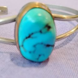 Vintage Turquoise Silver & Brass Bracelet 