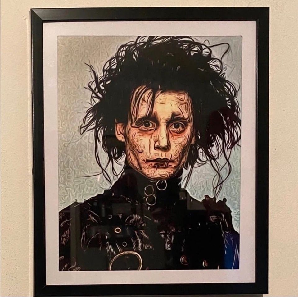 edward scissorhands custom art piece on black frame