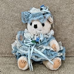 Stuffed Teddy Bear with Blue/Beige Hand Made Lace  Dress, Panties,  and Bonnet  