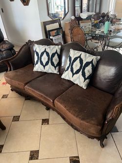 Brown Leather Loveseat with Carved Wood antique vintage 1800s