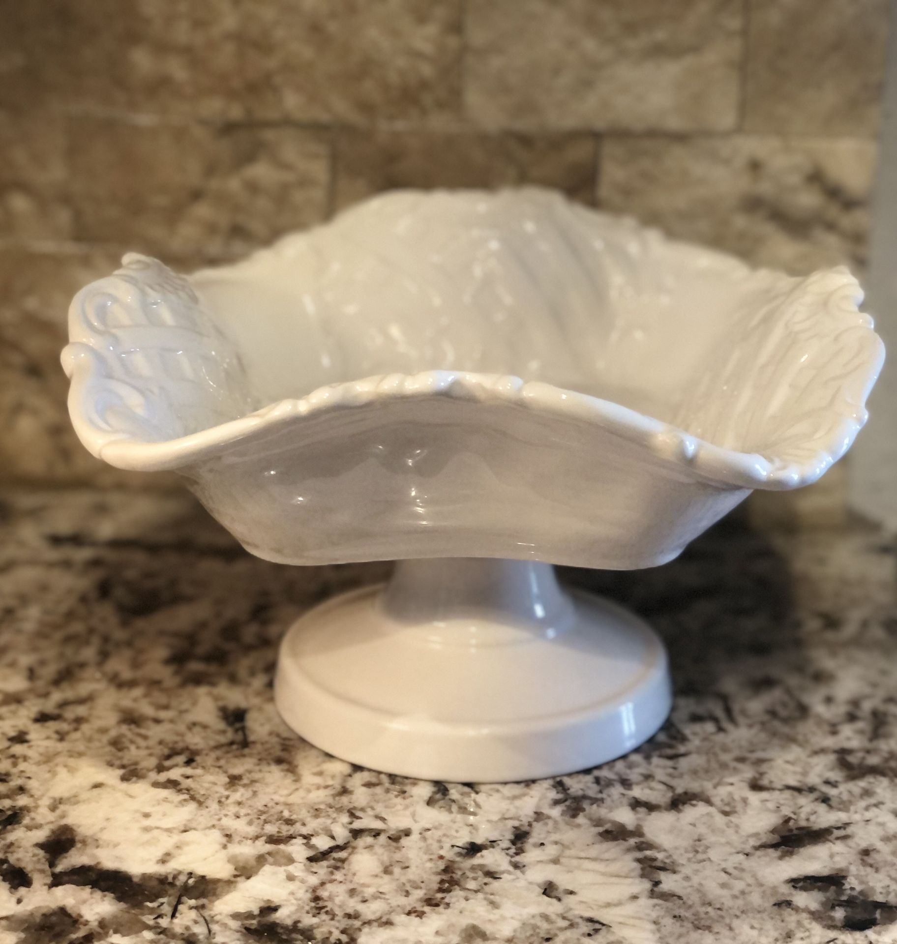 Vintage Hand Made White Milk Glass Fruit Bowl - Made In Italy