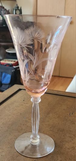 Vintage Etched Pink Optic Crystal Wine Glass Goblet-8.25"