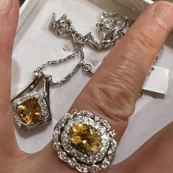 Citrine Gemstones 925 Sterling Silver Necklace And Ring Size 7