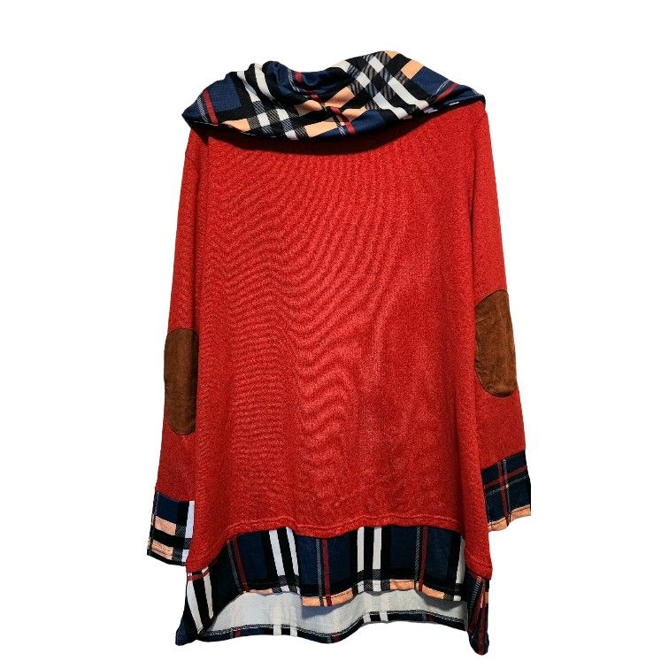 * Woman's Cowl Neck L/S Plaid Elbow Patch Mini Tunic Dress 1057