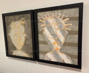 SALE! Set Of 2 BOTH Original Modern Fine Art DAN SAYLES Abstract Portraiture Paintings San Diego California Artist Signed Framed Mixed Medium Contempo
