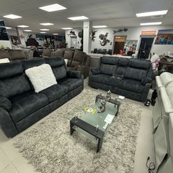 Micro Fiber Reclining Sofá And Love Living Room Set On Closing Clearance With Drop Console On Sale For $799 STORE CLOSING 
