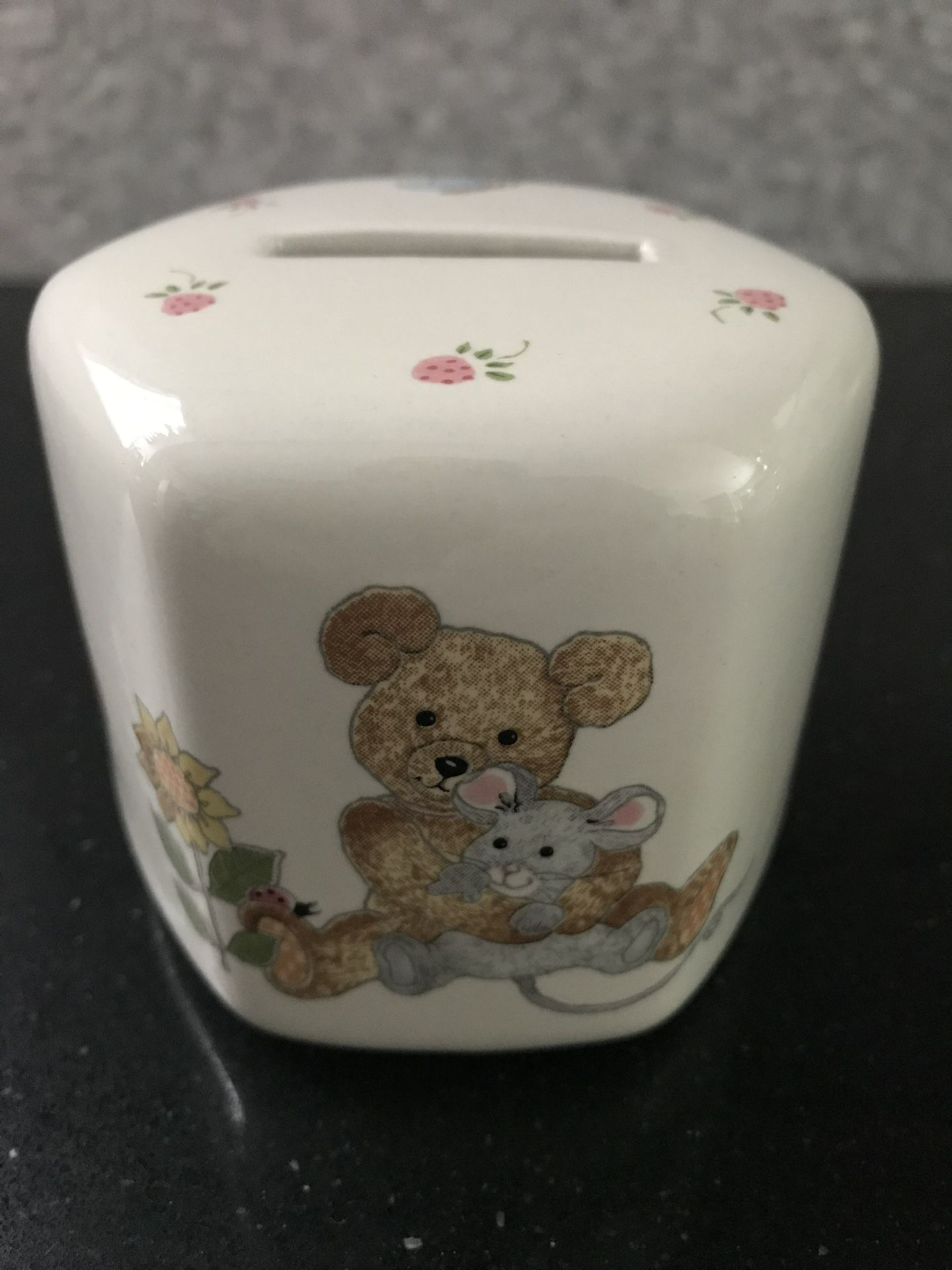 Mikasa “Teddy” Hexagon-Shaped Ceramic Bank – 3”H x 3.5”W New in Original Box (Discontinued Pattern)