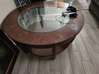Round Wood Coffee/Dining Table with Inset Glass Top