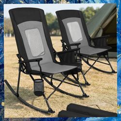 Two Portable Camping Rocking Chairs, High Back Mesh Back, w Side Pockets and Cup Holder, in Black. New, in box.