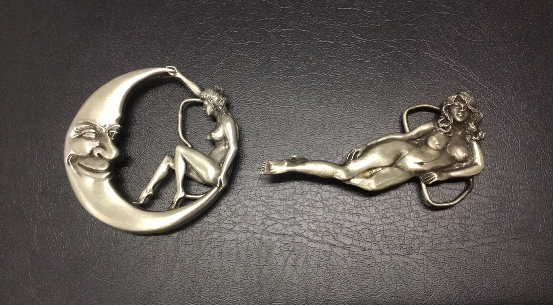 Nude Woman Bergamot and Capt Hawks Sky Patrol Belt Buckles Vintage Moon