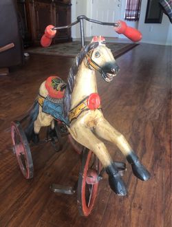 Hand-Carved Wooden Horse Tricycle / Miniature Velocipede – Approx. 16” – Unidentified Vintage Decoration