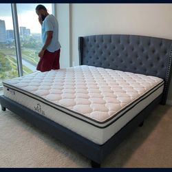 New Gray Platform Bed Frame + Pillow Top Matress