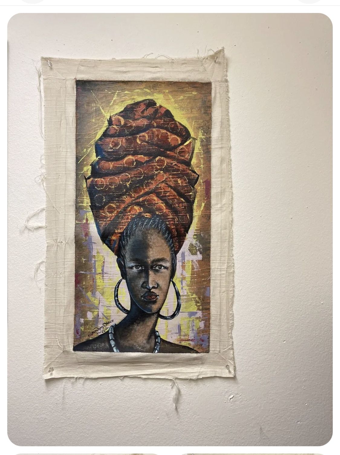 Black African Woman Head Gear&Ear Rings 2.13sq Feet 24”/12” Canvas Oil Painting