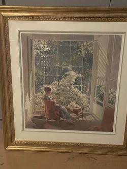 Large Custom Framed Garden Scene Art Print – Ornate Gold Frame 35.5” x 37.5”