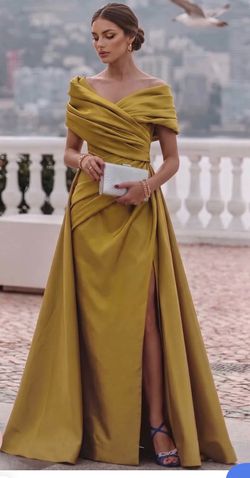 Mustard Yellow Off-the-Shoulder Pleated Satin Evening Gown