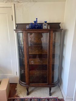 Antique Oak Curved Glass China Cabinet