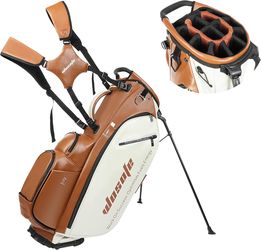 Golf Club Stand Bag PU Leather 14-Way Full Length Top Dividers Waterproof Men Women, Lightweight Multiple 8 Pockets Cooler Pouch Adjustable Detachable