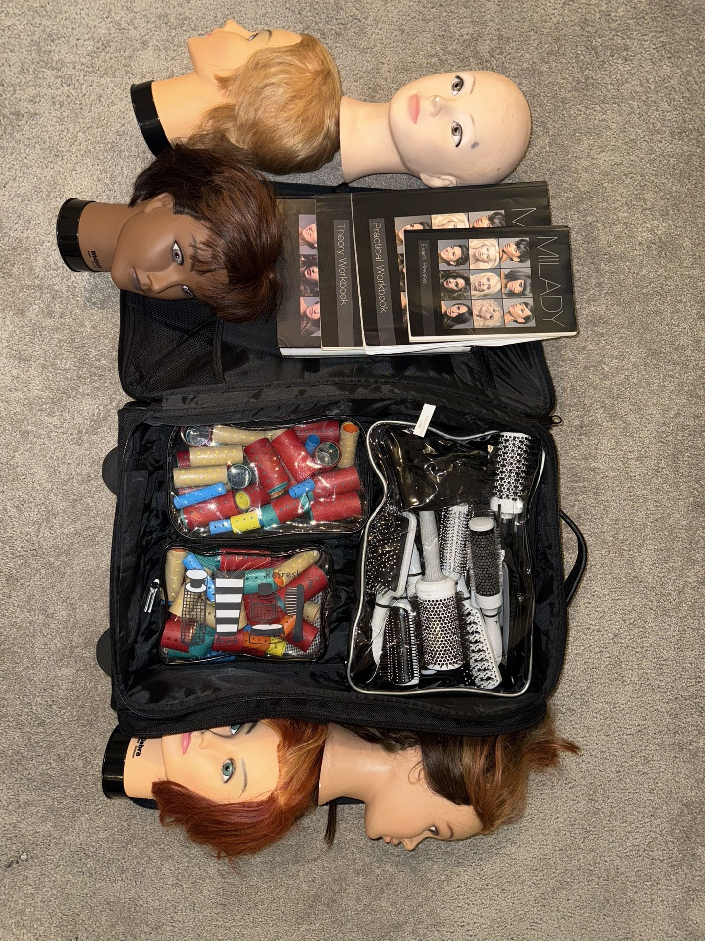 Cosmetology essentials milady books, Doll Heads, Rollers, Luggage, Etc