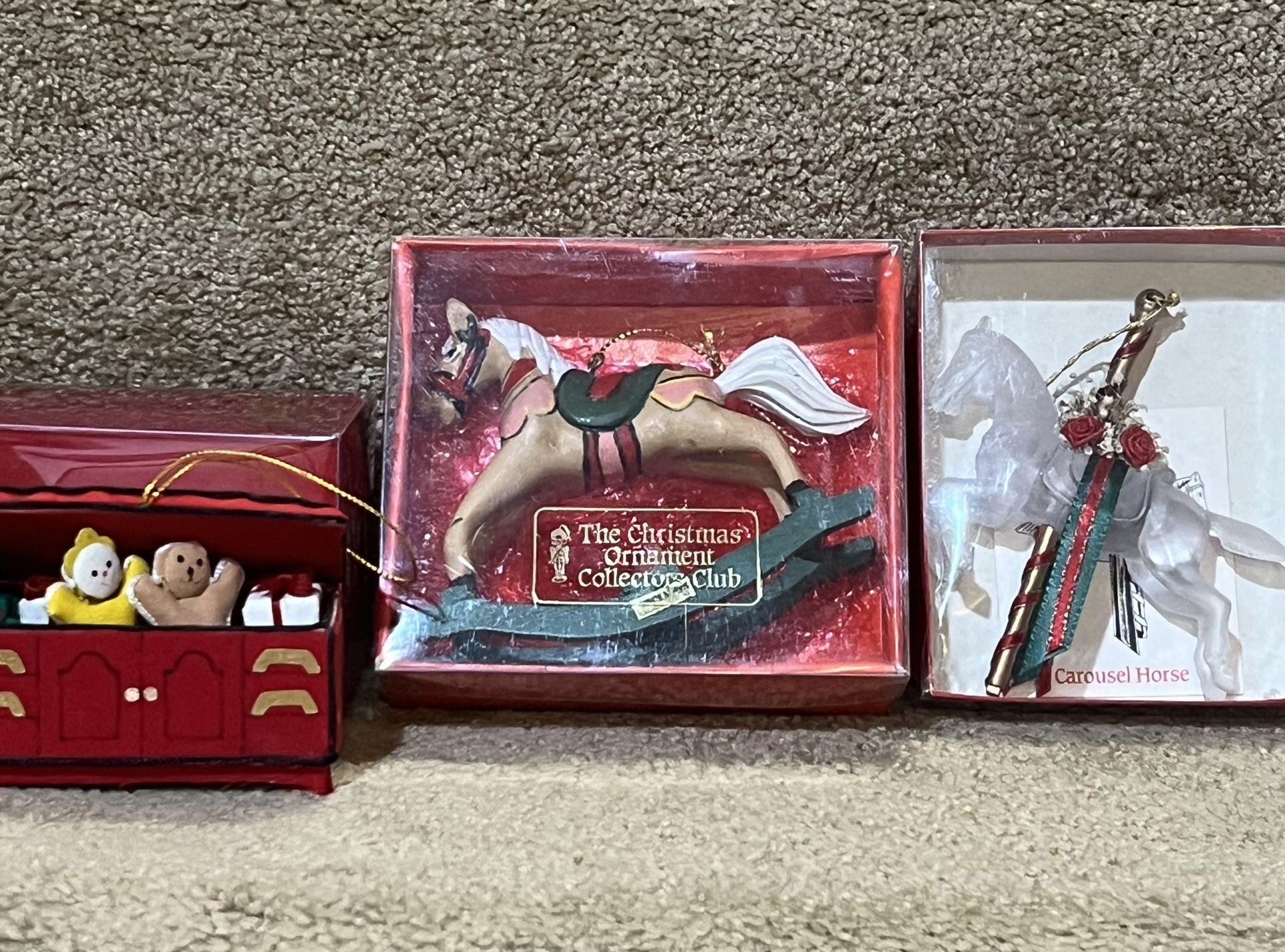 The Christmas ornament collectors club lot of 3 Rocking Carousel horse Toy Box